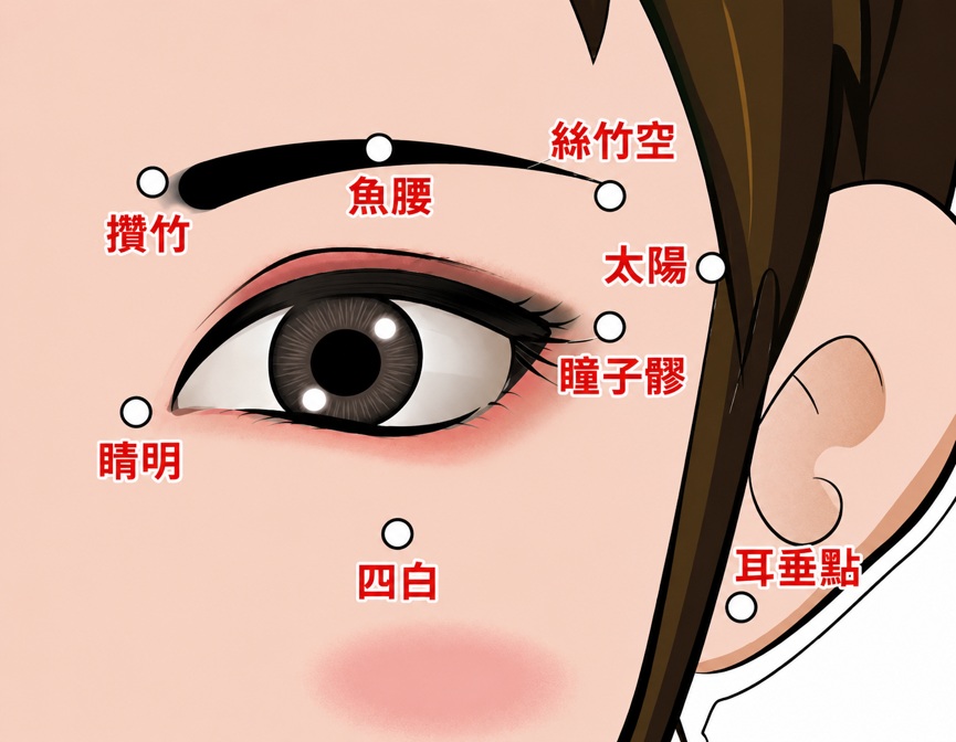 睛明姊姊護眼穴位圖,標示眼周八個穴位